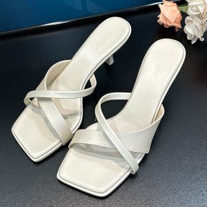 French Style Open-Toe Square-Toe Slippers for Women - Summer One-Strap Thin High Heels, Trendy 2025 Fashion Footwear