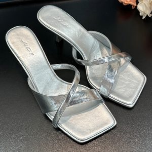 French Style Open-Toe Square-Toe Slippers for Women - Summer One-Strap Thin High Heels, Trendy 2025 Fashion Footwear