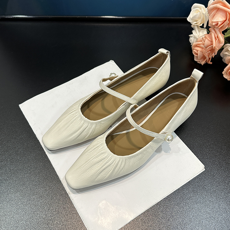 French-Style Pleated Square-Toe One-Strap Low-Heeled Mary Jane Shoes - Spring Autumn Wedge Silver Genuine Leather Flats for Women