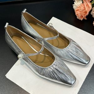 French-Style Pleated Square-Toe One-Strap Low-Heeled Mary Jane Shoes - Spring Autumn Wedge Silver Genuine Leather Flats for Women