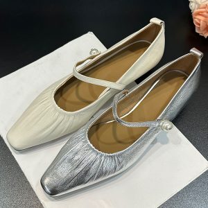 French-Style Pleated Square-Toe One-Strap Low-Heeled Mary Jane Shoes - Spring Autumn Wedge Silver Genuine Leather Flats for Women