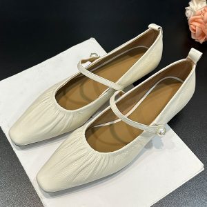 French-Style Pleated Square-Toe One-Strap Low-Heeled Mary Jane Shoes - Spring Autumn Wedge Silver Genuine Leather Flats for Women