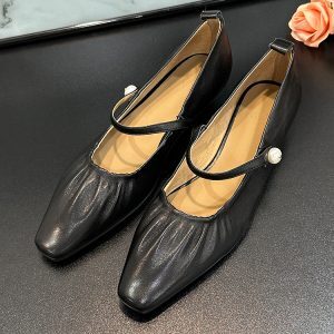 French-Style Pleated Square-Toe One-Strap Low-Heeled Mary Jane Shoes - Spring Autumn Wedge Silver Genuine Leather Flats for Women