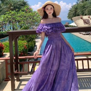 French-Style Purple Tie-Dye Ruffled One-Shoulder Dress for Women, Frayed Swing Long Skirt for Y2K Vacation Style