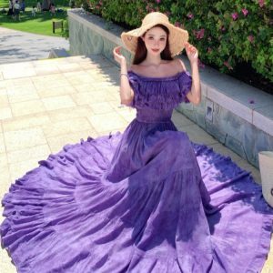 French-Style Purple Tie-Dye Ruffled One-Shoulder Dress for Women, Frayed Swing Long Skirt for Y2K Vacation Style