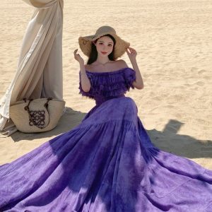 French-Style Purple Tie-Dye Ruffled One-Shoulder Dress for Women, Frayed Swing Long Skirt for Y2K Vacation Style