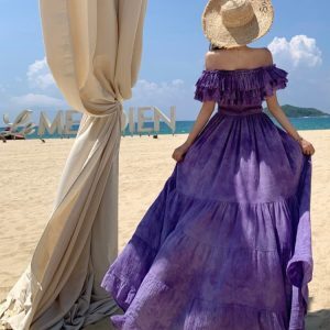 French-Style Purple Tie-Dye Ruffled One-Shoulder Dress for Women, Frayed Swing Long Skirt for Y2K Vacation Style
