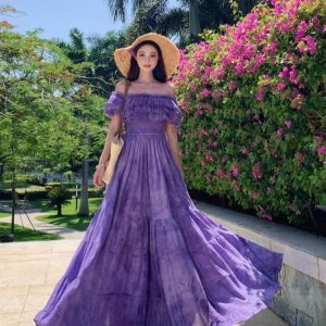 French-Style Purple Tie-Dye Ruffled One-Shoulder Dress for Women, Frayed Swing Long Skirt for Y2K Vacation Style