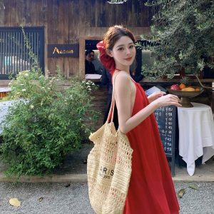 French-Style Red Halter Lace Mesh Skirt Two-Piece Set - Sweet and Spicy Vacation Outfit for Women
