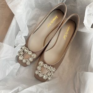 French-Style Rhinestone Square Buckle High Heels for Women - Elegant Mary Jane Shoes for Spring 2025, Perfect with Skirts