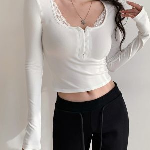 French Style Round Neck Long Sleeve T-Shirt with Lace Trim - Sexy Slim Fit Women's Top - Trendy Casual Fashion