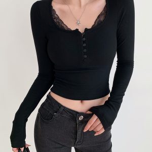 French Style Round Neck Long Sleeve T-Shirt with Lace Trim - Sexy Slim Fit Women's Top - Trendy Casual Fashion