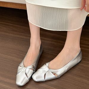 French Style Silver Square-Toe Shallow Hollow Flat Shoes for Women - Versatile Summer Footwear