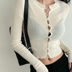 French Style Simple Round Neck Hollow Slim Fit Long Sleeve Short Cardigan Sweater - Chic 90s Inspired Fashion Top