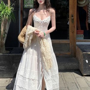 French-Style Spaghetti Strap Little White Dress for Women - Beautiful Long Summer Dress for Vacation by the Sea, Y2K Inspired