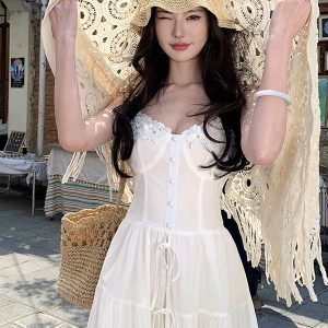 French-Style Spaghetti Strap Little White Dress for Women - Beautiful Long Summer Dress for Vacation by the Sea, Y2K Inspired