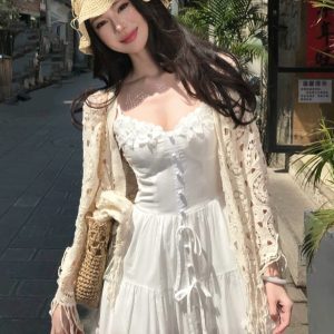 French-Style Spaghetti Strap Little White Dress for Women - Beautiful Long Summer Dress for Vacation by the Sea, Y2K Inspired