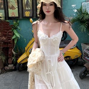 French-Style Spaghetti Strap Little White Dress for Women - Beautiful Long Summer Dress for Vacation by the Sea, Y2K Inspired