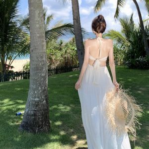 French-style Strapless Halter Top & High-Waisted Skirt Set - Summer Vacation Outfit for Women, Sexy Seaside Look