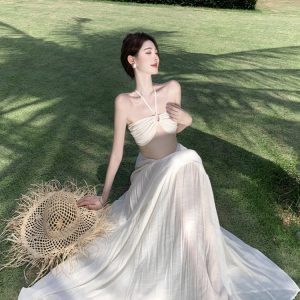 French-style Strapless Halter Top & High-Waisted Skirt Set - Summer Vacation Outfit for Women, Sexy Seaside Look