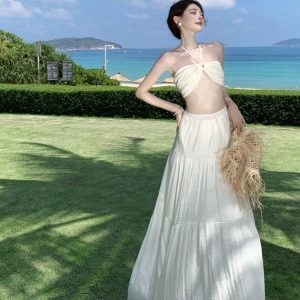 French-style Strapless Halter Top & High-Waisted Skirt Set - Summer Vacation Outfit for Women, Sexy Seaside Look