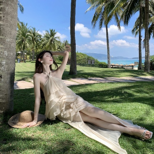 French Style Vacation Irregular Ruffled 3D Rose Halter Strap Dress with Side Slit – Summer Long Skirt for Women, Y2K Inspired