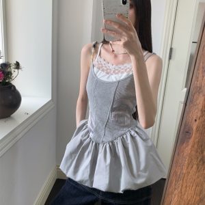 French-Style Waist-Cinching Patchwork Floral Spaghetti Strap Dress for Women - Elegant Lace Bra Design for Summer 2025