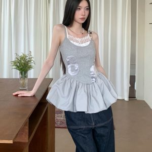 French-Style Waist-Cinching Patchwork Floral Spaghetti Strap Dress for Women - Elegant Lace Bra Design for Summer 2025