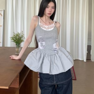 French-Style Waist-Cinching Patchwork Floral Spaghetti Strap Dress for Women - Elegant Lace Bra Design for Summer 2025