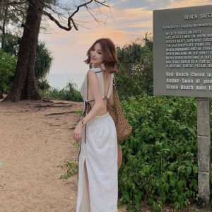 French-Style Waist-Cinching Spaghetti Strap Dress with Hollow Back - Feminine Linen Vacation Beach Dress for Summer