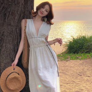 French-Style Waist-Cinching Spaghetti Strap Dress with Hollow Back - Feminine Linen Vacation Beach Dress for Summer