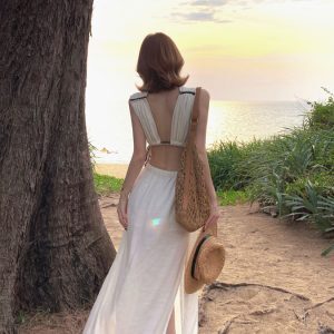 French-Style Waist-Cinching Spaghetti Strap Dress with Hollow Back - Feminine Linen Vacation Beach Dress for Summer