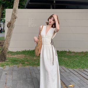 French-Style Waist-Cinching Spaghetti Strap Dress with Hollow Back - Feminine Linen Vacation Beach Dress for Summer