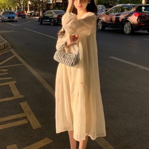 French-Style White Long Sleeve Wabi-Sabi Dress for Women - Loose Relaxed Fairy Long Skirt for Spring Summer 2025