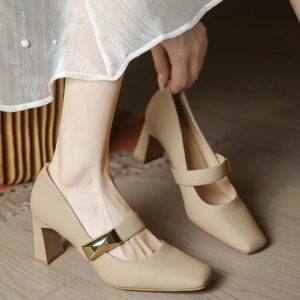 French-Style Women's Chunky Heel Shoes - Nude Retro Square-Toe Flats for Qipao - Elegant Spring 2025 Fashion