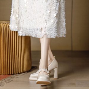 French-Style Women's Chunky Heels Mary Jane Wedding Shoes with Waterproof Platform for Brides and Bridesmaids