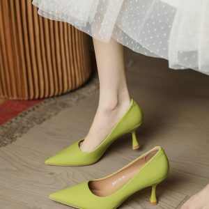 French-Style Women's Pointed Toe High Heels, Minimalist Soft Leather Flats, Fruit Green, Summer 2025, Thin Heel Design
