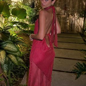 French Style Women's Red Polka Dot Halter Neck Dress with Irregular Bodycon Mesh Skirt – Chic Summer Fashion