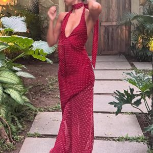 French Style Women's Red Polka Dot Halter Neck Dress with Irregular Bodycon Mesh Skirt – Chic Summer Fashion