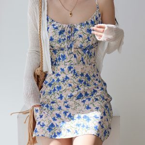 French Vintage Blue Floral Tie Strap Bodycon Mini Dress for Women - Slim Fit, Perfect for Summer and Y2K Style