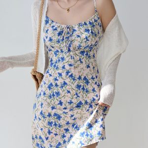 French Vintage Blue Floral Tie Strap Bodycon Mini Dress for Women - Slim Fit, Perfect for Summer and Y2K Style