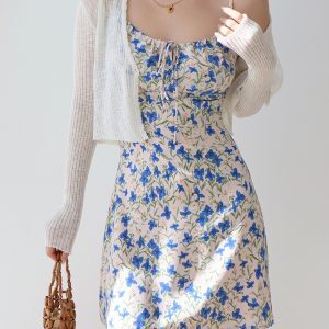 French Vintage Blue Floral Tie Strap Bodycon Mini Dress for Women - Slim Fit, Perfect for Summer and Y2K Style