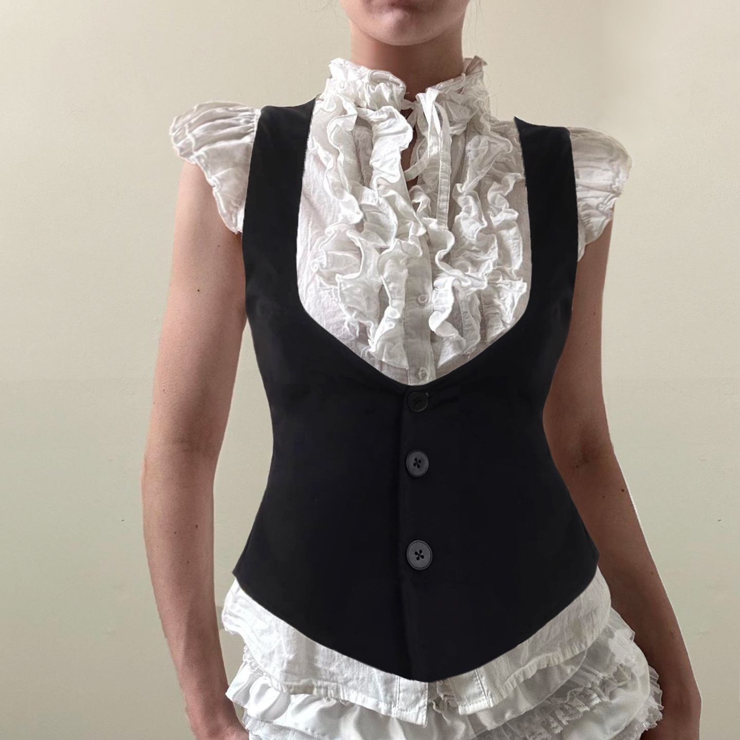French Vintage Color-Blocking Faux Two-Piece Ruffled Edge Shirt for Women - Buttoned Waist-Cinching Slim-Fit Top in Y2K Style
