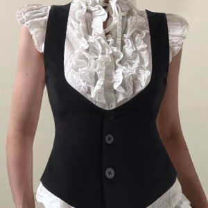 French Vintage Color-Blocking Faux Two-Piece Ruffled Edge Shirt for Women - Buttoned Waist-Cinching Slim-Fit Top in Y2K Style