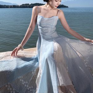 French Vintage Heavy Lace Spliced Mermaid Strap Dress - Summer Waist-Cinching Slimming Beach Vacation Fairy Long Dress