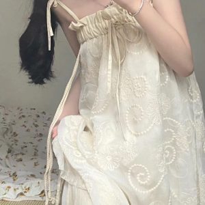 French Vintage High-End Irregular Layered Cotton-Linen Drawstring Camisole Dress - Sweet and Chic Skirt for Effortless Style