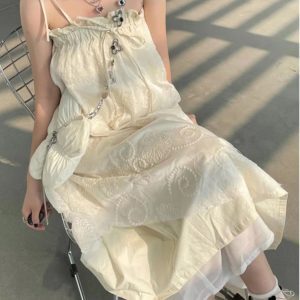 French Vintage High-End Irregular Layered Cotton-Linen Drawstring Camisole Dress - Sweet and Chic Skirt for Effortless Style