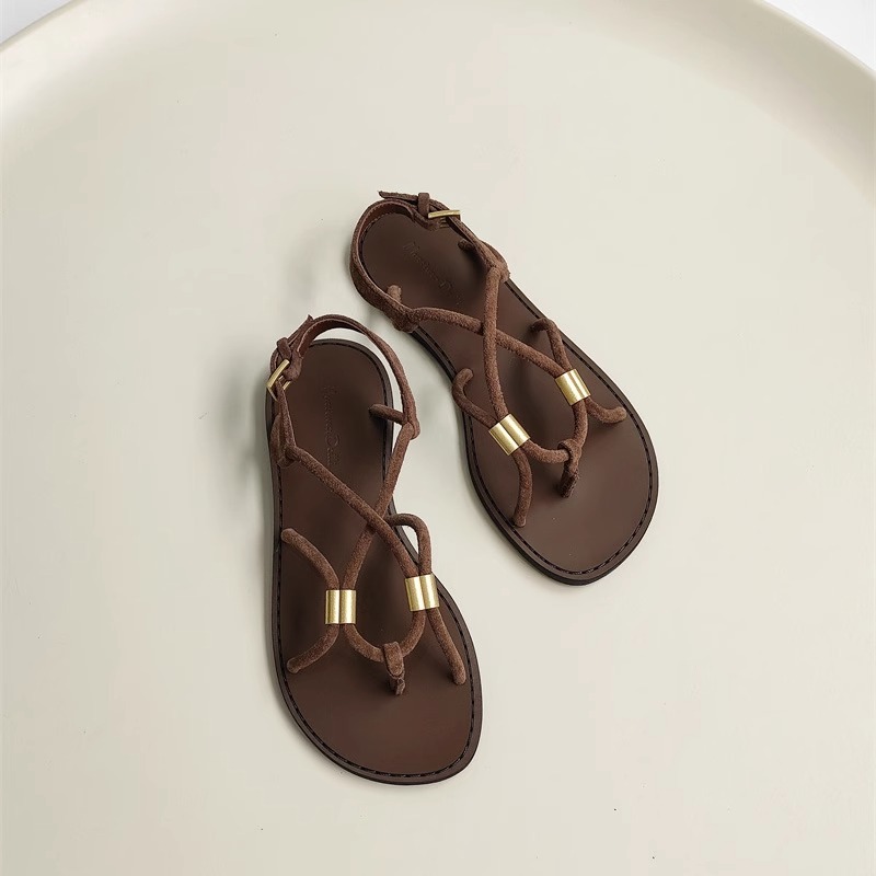 French Vintage High-End Open-Toe Genuine Leather Minimalist Thin Strap Roman Sandals for Women - Beach Style