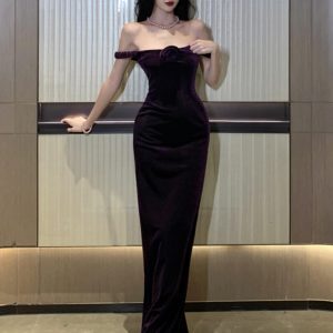 French Vintage High-End Purple Velvet Floral Spaghetti Strap Bodycon Evening Gown for Women