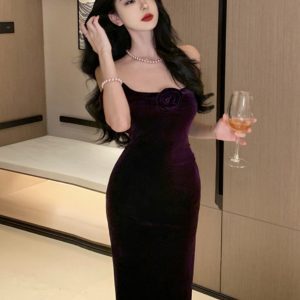 French Vintage High-End Purple Velvet Floral Spaghetti Strap Bodycon Evening Gown for Women